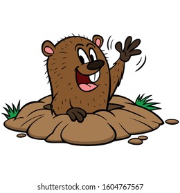 Groundhog - A cartoon illustration of a cute Groundhog waving.