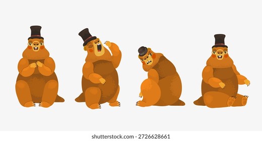 Groundhog character in different poses wearing top hat Flat vector illustration in warm brown colors Isolated on white Groundhog Day concept holiday design children books storytelling stickers branding