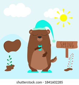 Groundhog coming out of its burrow in a hat with a coffee cup and enjoying the sunlight. Vector cartoon illustration. Happy groundhog day.