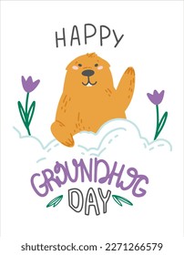 The groundhog crawled out of the snow hole. Groundhog day holiday. Groundhog waving his paw. Illustration for holiday design. Bright vector illustration in a flat style.