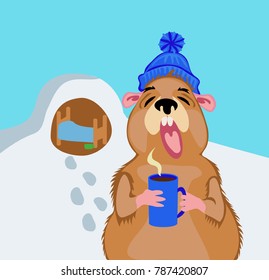 Groundhog Day 2 February. A comic illustration with a marmot and a cup of coffee.