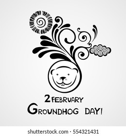 Groundhog day. 2 february. Cute illustration with smiling marmot, sun and clouds.  Vector illustration