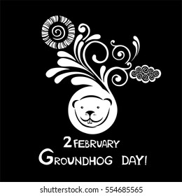 Groundhog day. 2 february. Cute illustration with smiling marmot, sun and clouds.  Vector illustration