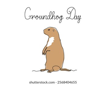 Groundhog Day. Abstract groundhog stands on its hind legs, continuous one line art hand drawing sketch, logo