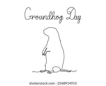 Groundhog Day. Abstract groundhog stands on its hind legs, continuous one line art hand drawing sketch, logo