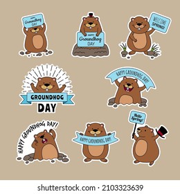 Groundhog day. Ads badges with funny animal happy groundhog symbols of time loop recent vector labels collections with place for text
