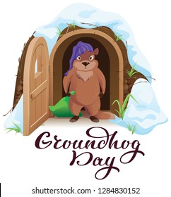 Groundhog day. An angry woodchuck left house and open door. Isolated on white vector cartoon illustration greeting card