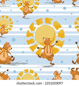 Groundhog Day. Background design with the image of a cartoon marmot. Symbol of the arrival of spring