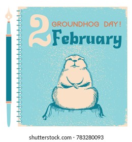 Groundhog day background with marmot on vintage notebook paper.Vector color illustration