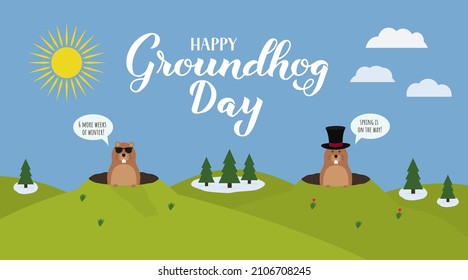 Groundhog Day banner with calligraphy hand lettering and cute cartoon marmots crawling out of hole.  Two versions: sunny or cloudy day. Vector template for greeting card, poster, flyer, etc.