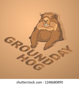 Groundhog Day card. Cute Cartoon groundhog and isometric letters forming the words Groundhog Day. Vector Illustration flat design Marmot  on brown background.