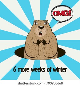 Groundhog Day card as funny cartoon character of marmot with speech bubble. Vector illustration.