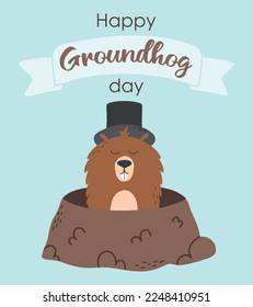 Groundhog Day. Groundhog day card. The groundhog got out of the hole. Vector illustration. Flat hand drawn style.