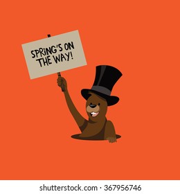 Groundhog Day cartoon marmot holding sign forecasting the weather. EPS 10 vector