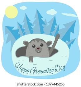 Groundhog day. Cartoon marmot peeking out of the mink. Vector flat illustration