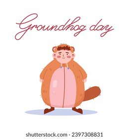 Groundhog Day. A child welcomes spring in a marmot costume. Vector illustration