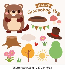 Groundhog Day Clipart Set with Cute Animal and Nature Elements. Adorable Groundhog Day Illustration Pack with Seasonal Decorations. 