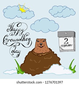 Groundhog Day color cartoon illustration with handwritten lettering. Sketched holiday design set with marmot. Second February greeting poster, banner, card, etc. Vector illustration.