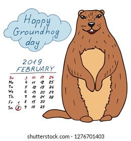 Groundhog Day color cartoon illustration with handwritten lettering. Sketched holiday design set with marmot. Second February greeting poster, banner, card. Vector illustration on white background.