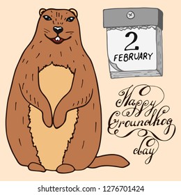 Groundhog Day color cartoon illustration with handwritten lettering. Sketched holiday design set with marmot. Second February greeting poster, banner, card, etc. Vector illustration.