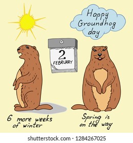 Groundhog Day color cartoon illustration with handwritten lettering. Sketched holiday design set with marmot. Second February greeting poster, banner, card, etc. Vector illustration.