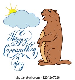 Groundhog Day color cartoon illustration with handwritten lettering. Sketched holiday design set with marmot. Second February greeting poster, banner, card. Vector illustration on white background.