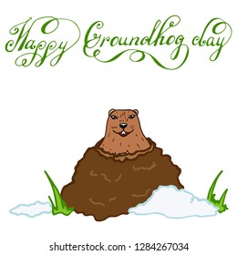 Groundhog Day color cartoon illustration with handwritten lettering. Sketched holiday design set with marmot. Second February greeting poster, banner, card. Vector illustration on white background.