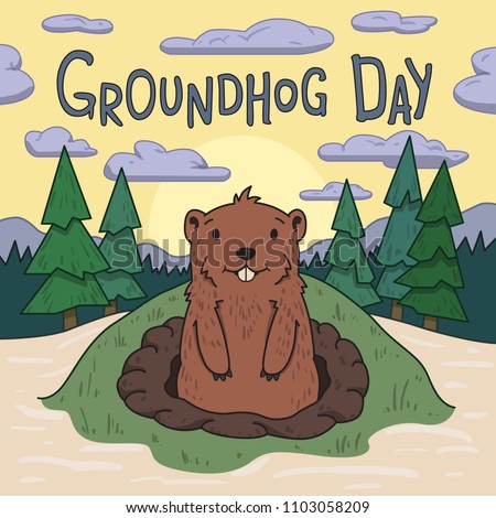 Groundhog day. Cute groundhog looking out from the burrow on picturesque pine forest and morning sky background. Line vector illustration. Colored cartoon style.