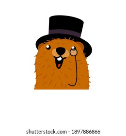 Groundhog Day. Cute marmot in hat. Cute character gentleman of February holiday. Forest Animals rodent with brown skin. Flat cartoon illustration