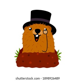 Groundhog Day. Rutschenmarmot im Hut wacht im Loch auf. Der stumme Charakter des Feiertags im Februar. Waldtiernager mit brauner Haut. Flaches Cartoon-Illustration