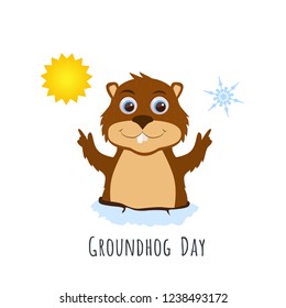 Groundhog Day. Cute marmot predicts the weather. Vector concept illustration.