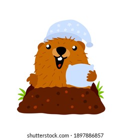 Groundhog Day. Märchenmütze in Schlafmütze und Kissen wecken im Loch auf. Der absolute Charakter der Feiertage im Februar. Waldtiernager mit brauner Haut. Flaches Cartoon-Illustration