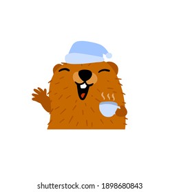 Groundhog Day. Cute marmot in sleep cap and cup of morning coffee. Cute character of February holiday. Forest Animals rodent with brown skin. Flat cartoon illustration