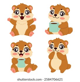 Groundhog. Groundhog Day. Cute groundhog. Set. Vector illustration. Cute groundhogs. Sleepy groundhog