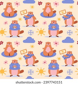 Groundhog Day. Cute vector marmots. Seamless pattern