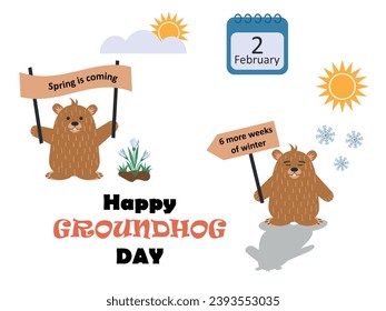 Groundhog Day, groundhog in different poses, banner, spring is coming, snowdrops and snowflakes are nearby. February 2. Vector illustration.