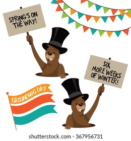 Groundhog Day elements cartoon marmot holding sign forecasting the weather. EPS 10 vector