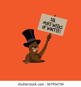 Groundhog Day elements cartoon marmot holding sign forecasting the weather. EPS 10 vector