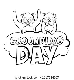 Groundhog day. The emblem of the American holiday. Two happy rodents are sitting on a cloud with an inscription. Vector illustration isolated on a white background. Black and white style.
