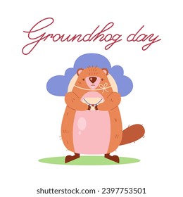 Groundhog Day. A groundhog with an envelope in his hands welcomes spring against the backdrop of clouds and sun. Vector illustration