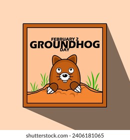 Groundhog Day Event-Banner. Illustration eines süßen Erdhundes auf dem Boden mit Gras und feinem Text in einem Rahmen auf hellbraunem Hintergrund, der am 2. Februar feiert