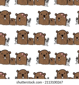 Groundhog Day. Groundhog family out of the burrow. Seamless pattern. Holiday decoration vector. Hand drawn vector lines.