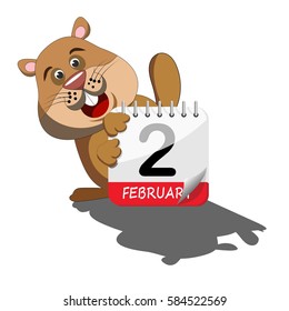 Groundhog Day featuring a surprised groundhog looking at his shadow behind calendar isolated