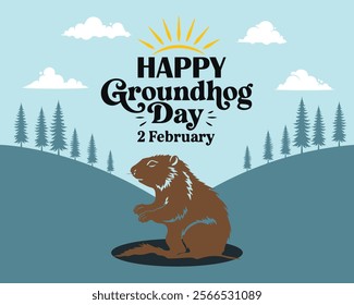 
Groundhog Day. February 2. Holiday poster, banner, card, placard, background. Vector illustration.