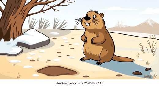 Groundhog Day February 2 . Marmot casts shadow. Vector cartoon illustration.