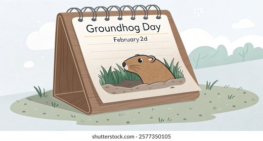 Groundhog Day, February 2nd - calendar note. Groundhog Day, February 2nd - handwriting and wood block calendar, American tradition which celebrates the weather prediction made by a groundhog. Vector 