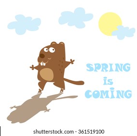 Groundhog Day. Funny animal with shadow drawing in cartoon style isolated on white background. Vector illustration