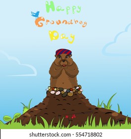 Groundhog day. Funny cartoon color character of marmot after a hibernation. Vector illustration.