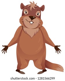 Groundhog Day. Funny groundhog spread his hands to sides. Isolated on white vector cartoon illustration