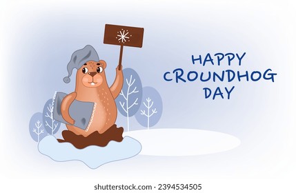 Groundhog Day greeting banner.Cute Marmot Character of a groundhog in a nightcap with a pillow. Cartoon vector illustration.